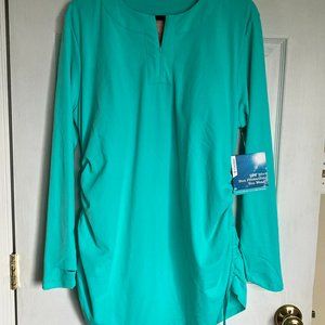 Coolibar UPF 50+ Women's Aqua Blue, Hokulani Ruche Swim Shirt XL